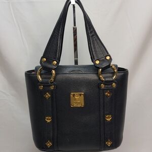 MCM‎ Black Leather Munchen Studded Satchel Tote Bag
